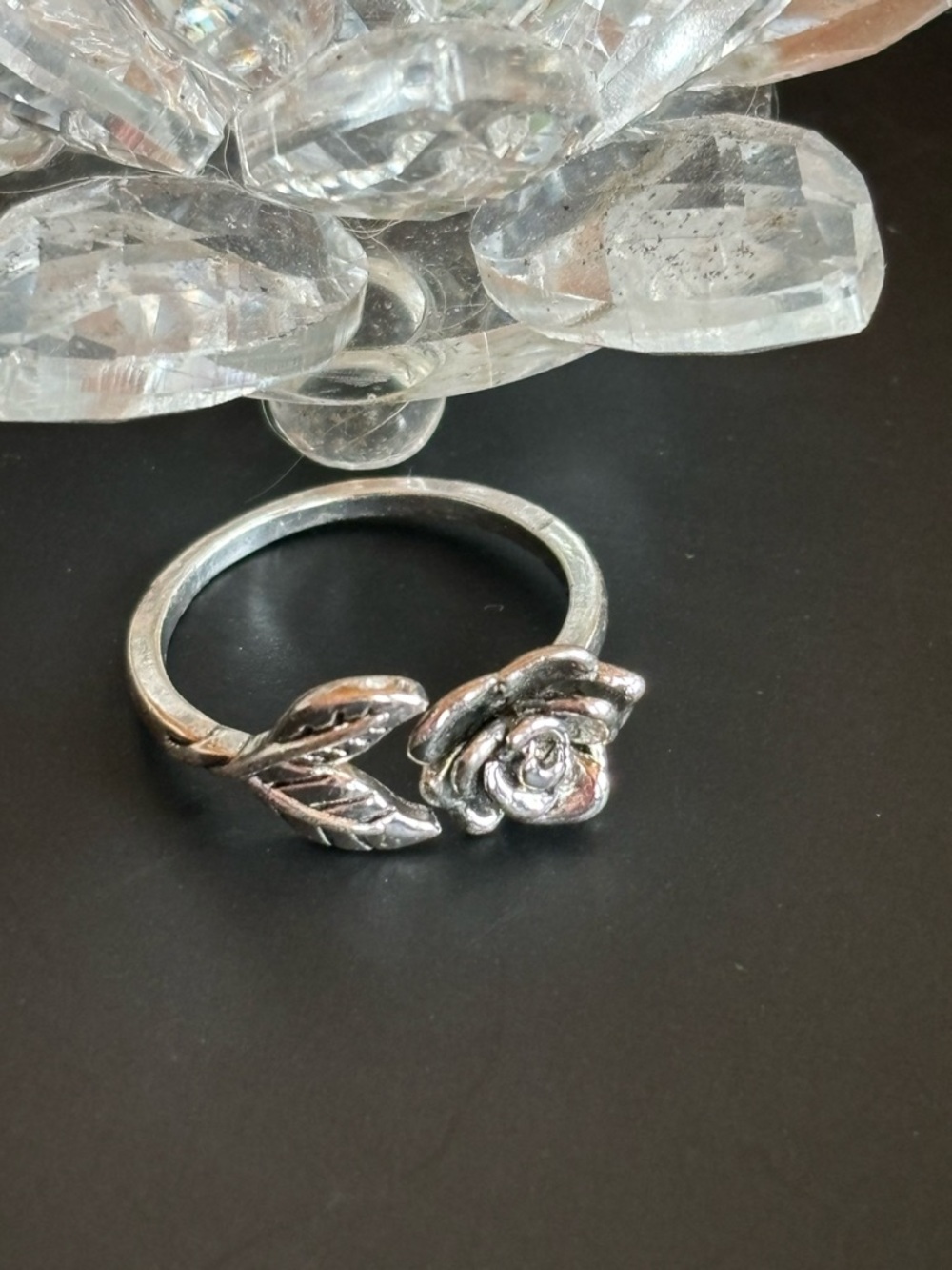 Silver Rose Leaf Adjustable Ring - Women Jewelry